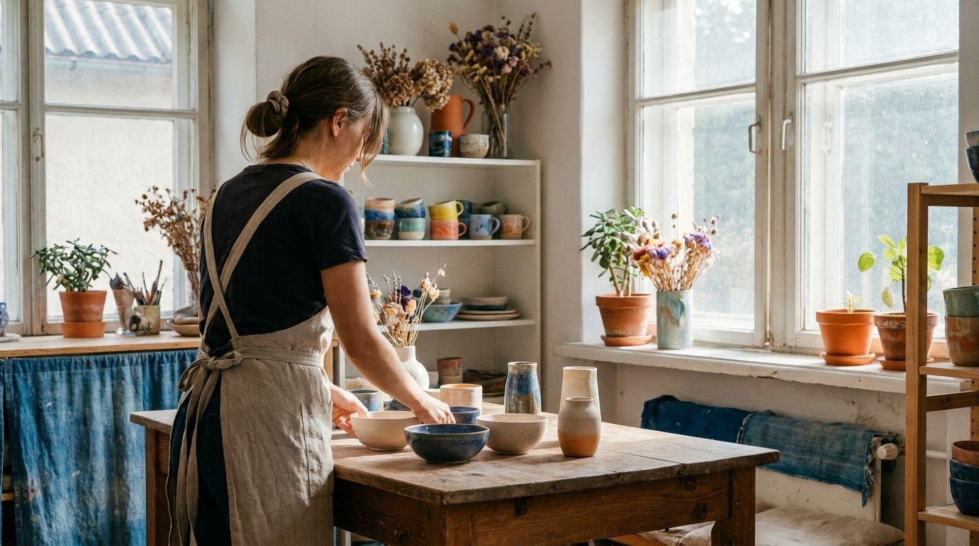 Zelfstandig onderneemster aan het werk in haar eigen studio